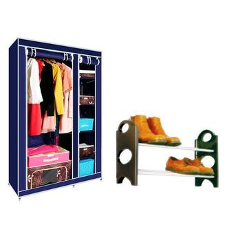 ELEGANT DOUBLE-SIDED FOLDABLE CANVAS WARDROBE + 12 PAIR SHOE RACK - C01-BLUE